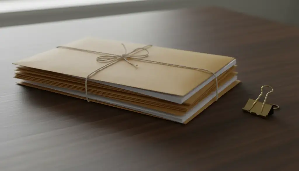 Plain manila envelopes and folded letters tied with string on a walnut desk