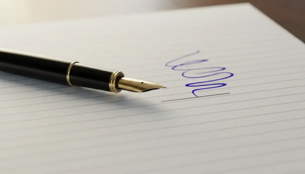 Fountain pen with a gold nib resting on ruled paper beside a blank signature line