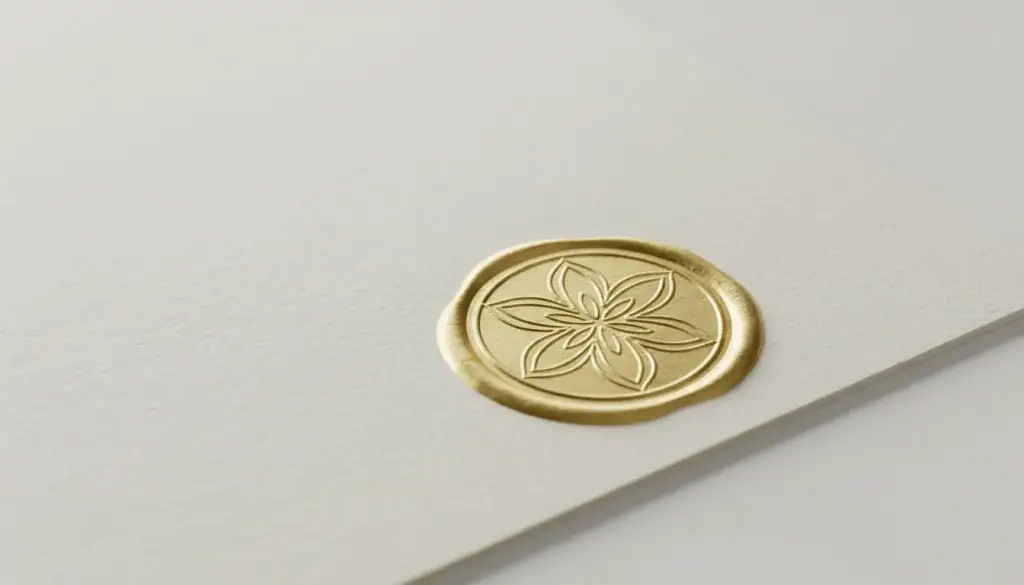 A plain gold embossed seal pressed into the corner of a thick white sheet