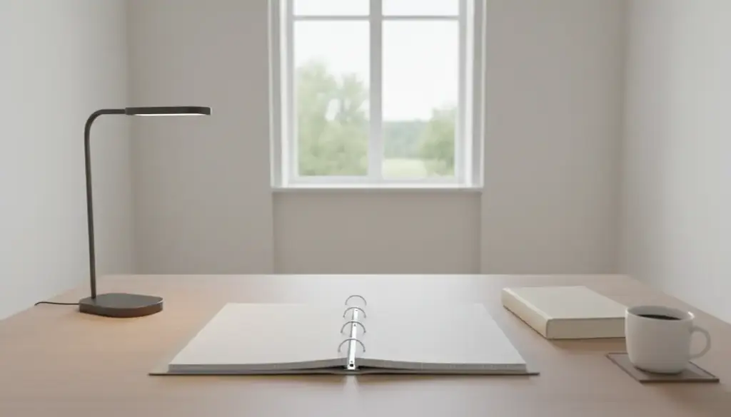 A quiet reading table with an open binder of ruled pages, a lamp and a cup of coffee